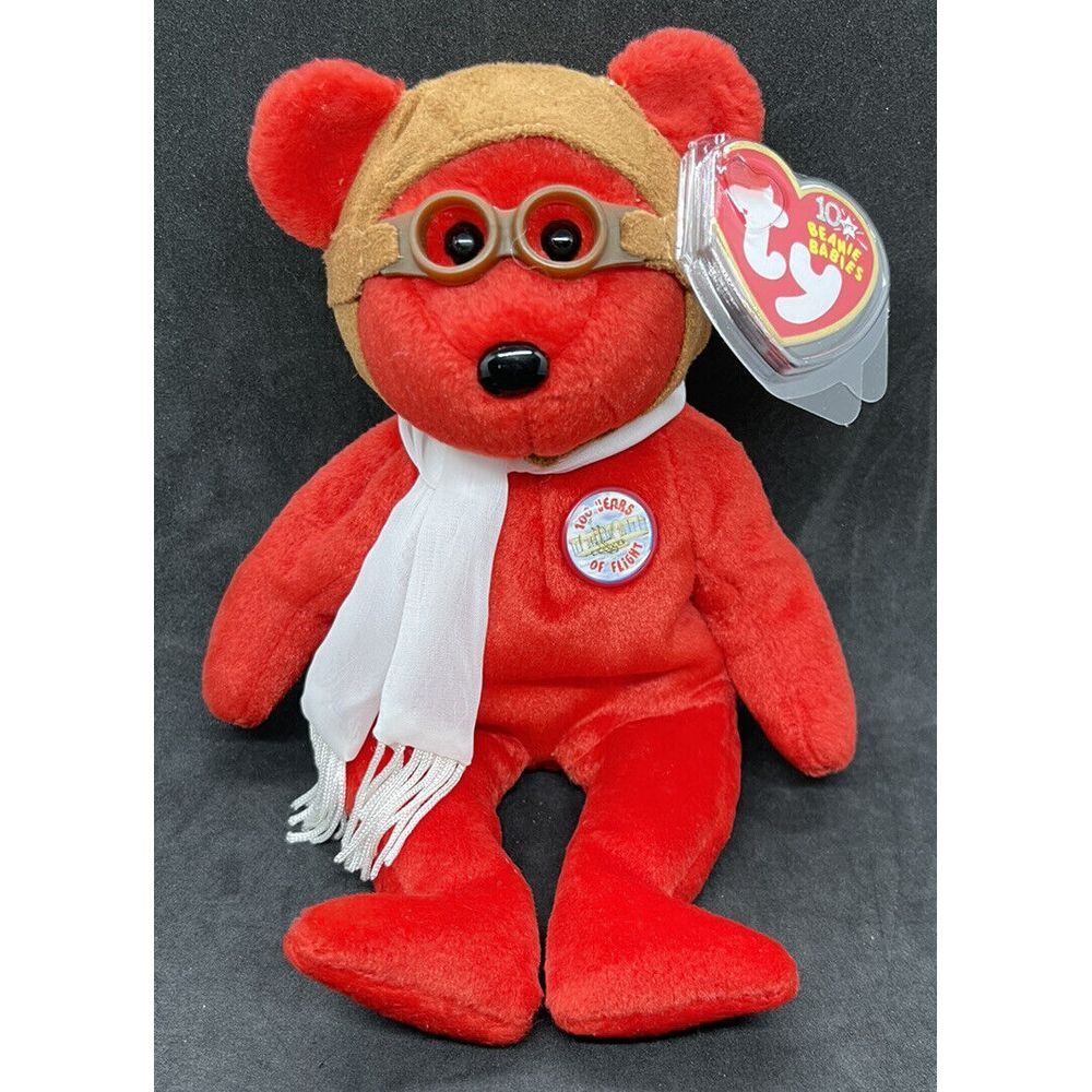 Ty Beanie Baby, Bearon Bear, "100 Years Of Flight" Red Pilot 2003 MWMT